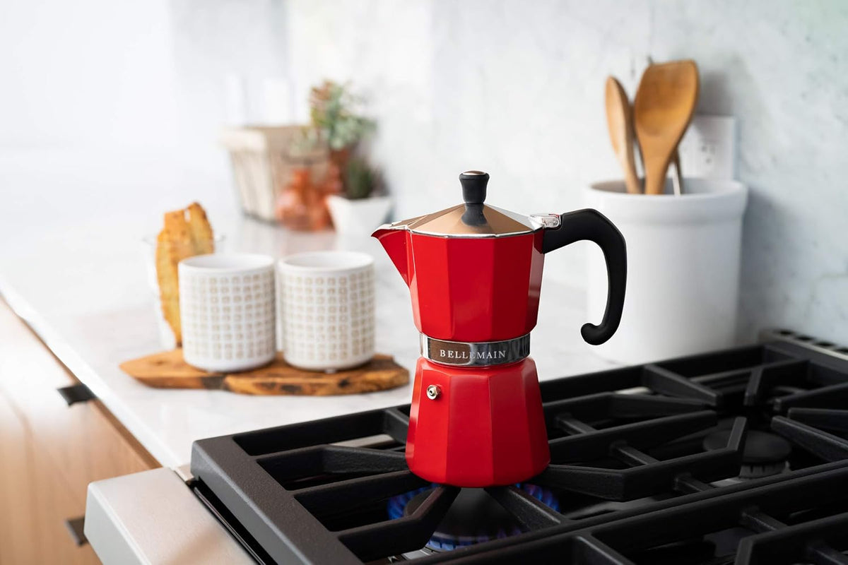 Bellemain Stovetop Espresso Maker | Italian Moka Pot Espresso Maker, Classic Aluminum Design Mocha Pot for Home Brewing & Camping | Easy to Use & Clean - 3-Cup, Red