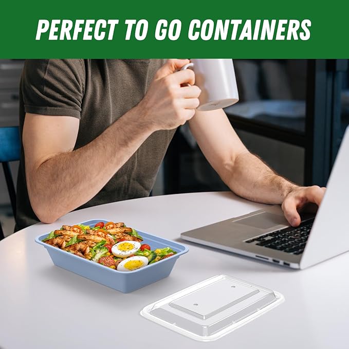 50 Pack (100-Piece) 32 oz Meal Prep Containers Reusable with Easy Open Lids, Sturdy Leakproof Food Safe, Microwave Freezer Dishwasher Safe, To Go Take Out Plastic Food Storage Pans with Lids, Blue