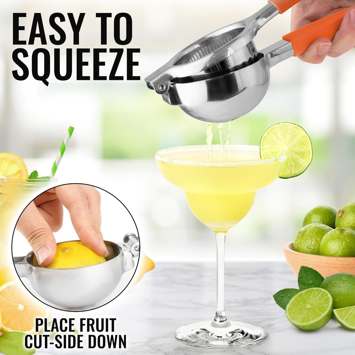 Zulay Lemon Squeezer Stainless Steel with Premium Heavy Duty Solid Metal Squeezer Bowl and Food Grade Silicone Handles - Large Manual Citrus Press Juicer and Lime Squeezer Stainless Steel (Orange)
