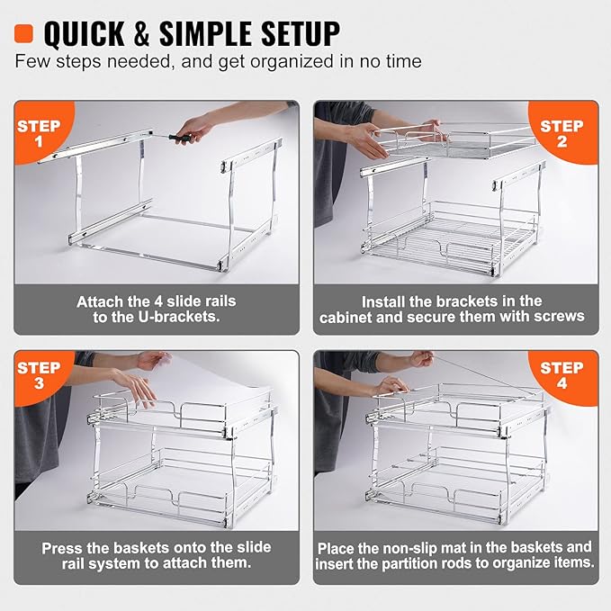 VEVOR Pull Out Cabinet Organizer, 17"Wx21"D 2 Tier Heavy Duty Slide Out Pantry Shelves, Chrome-Plated Steel Roll Out Drawers, Sliding Drawer Storage, 18.5"Wx22"D Install Size for Cabinet