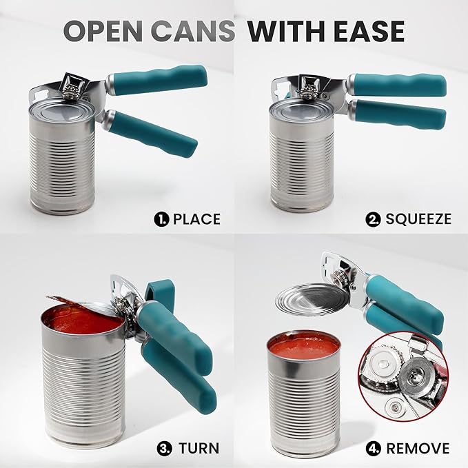Zulay Kitchen Heavy Duty Stainless Steel Can Opener Manual with Bottle Opener - Rust Proof Manual Can Opener With Turn Knob & Comfy Soft Grip Handles - Emerald