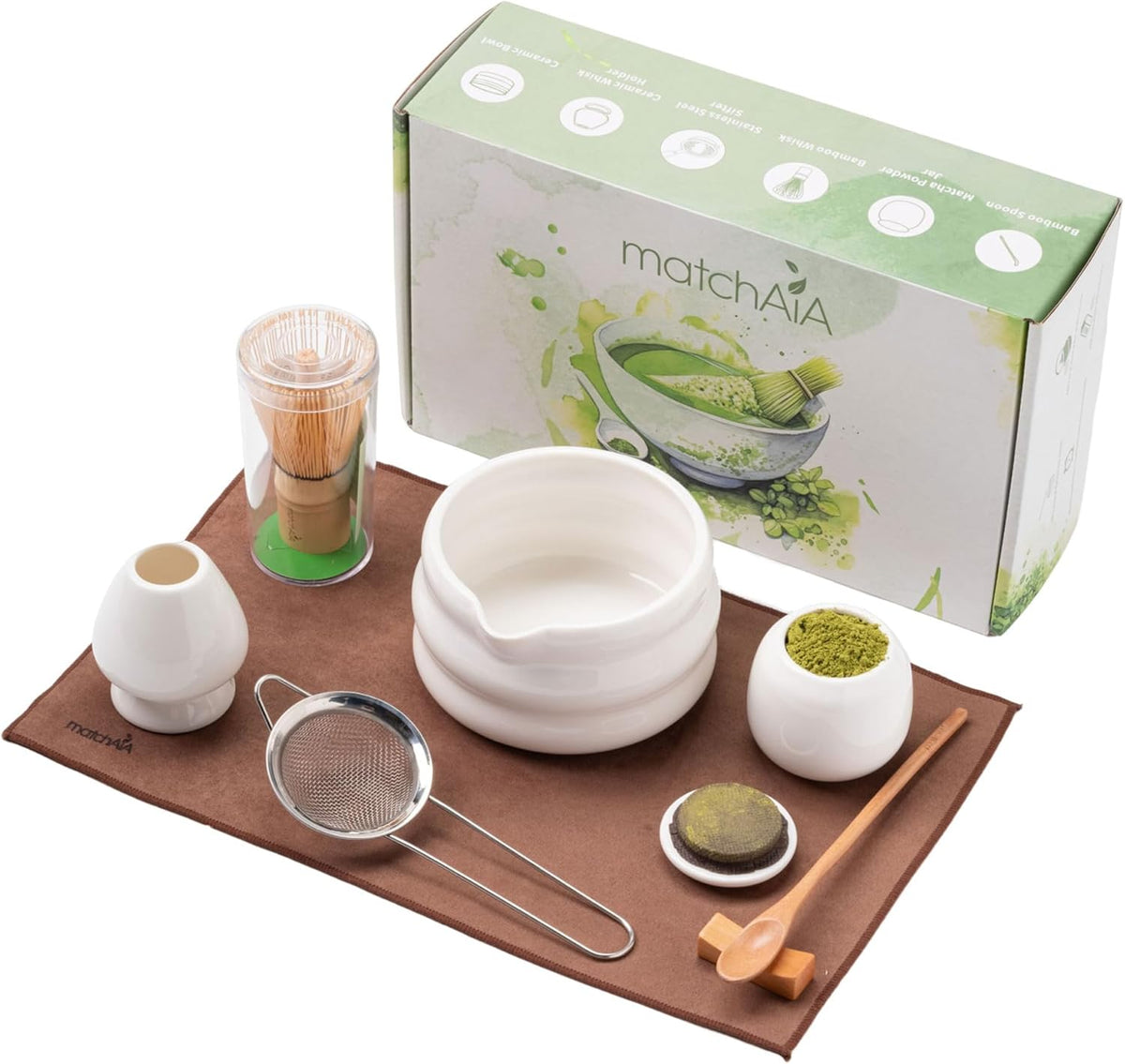 Matcha Whisk 8 Pcs Set - Ceramic Bowl, Bamboo Whisk with Holder, Canister, Sifter, Schima Spoon, Spoon Rest and Tea Towel, Complete Kit for Traditional Matcha and Modern Lattes (Glossy White)