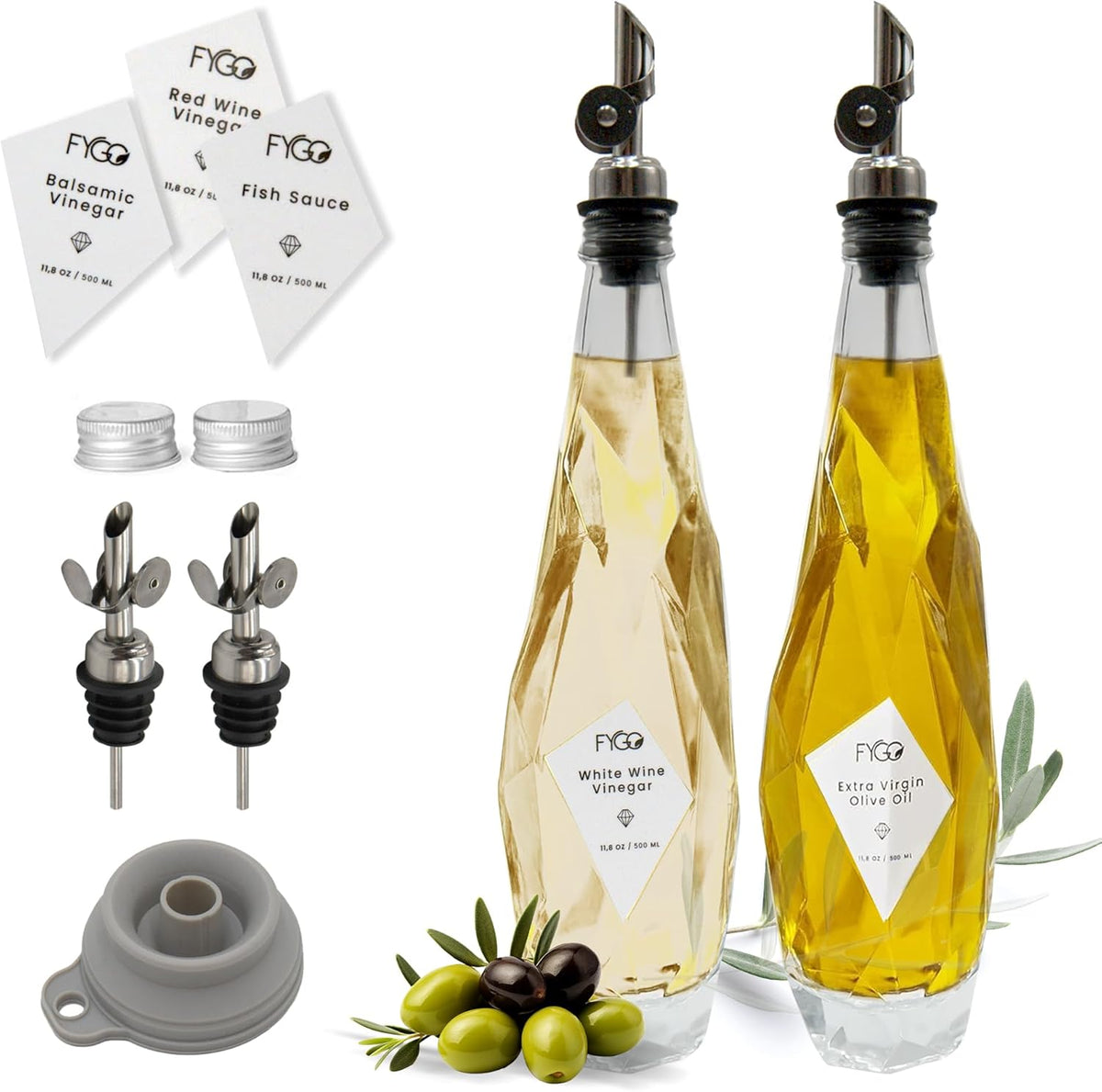 FYGO Diamond Lux Olive Oil Bottle Dispenser - Olive Oil Container- Oil and Vinegar Dispenser Set with Pourer and Funnel - Glass Dispenser Bottle for Kitchen - 500ml - Set of 2