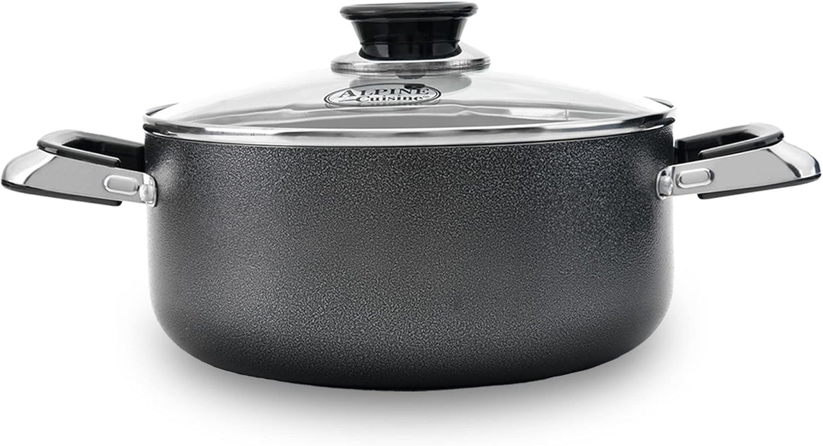 Alpine Cuisine 5 Quart Non-stick Stock Pot with Tempered Glass Lid and Carrying Handles, Multi-Purpose Cookware Aluminum Dutch Oven for Braising, Boiling, Stewing