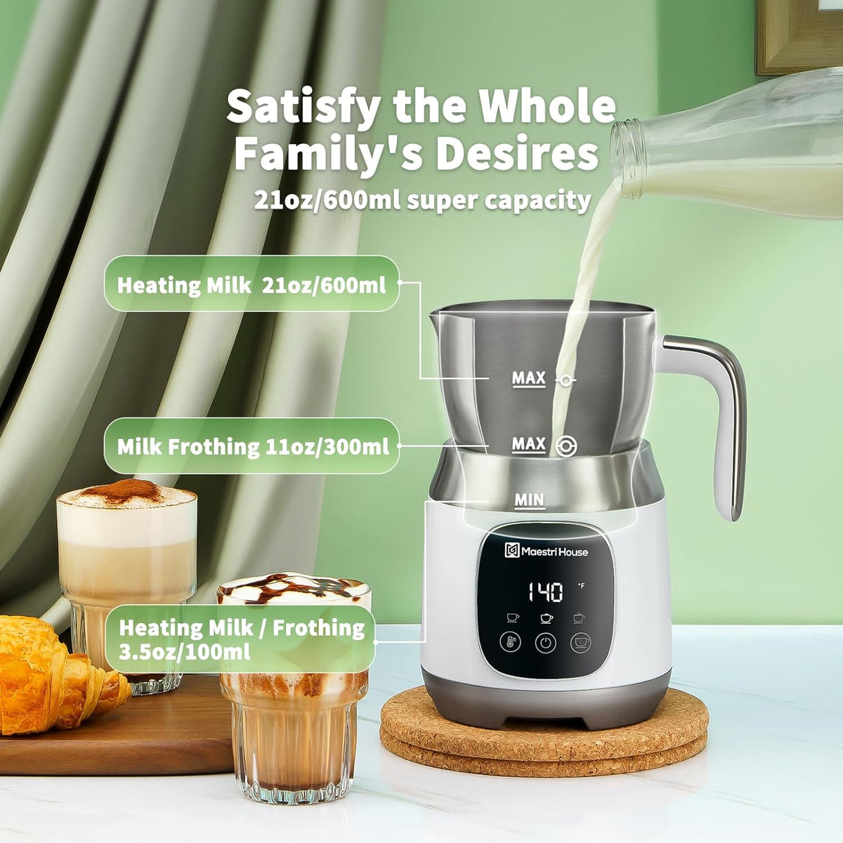 Maestri House Milk Frother, 21OZ Variable Temp and Froth Thickness Milk Frother and Steamer, Smart Touch Control Milk Warmer, Dishwasher Safe, Memory Function for Latte Cappuccino Hot Chocolate