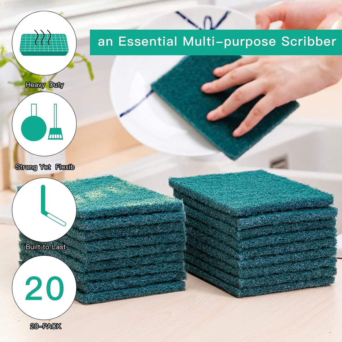 Heavy Duty Scour Pads Sponge Dish Scrubber Non-Scratch Green Reusable Household Scrub Pads for Kitchen and Dish Cleaning Tool (24Pcs)