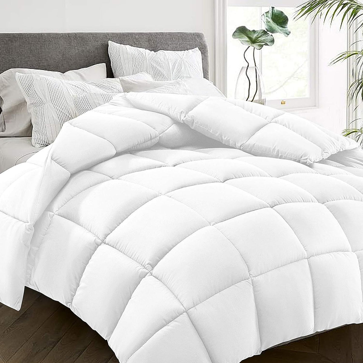 HYLEORY All Season Twin Size Bed Comforter - Cooling Goose Down Alternative Quilted Duvet Insert with Corner Tabs - Winter Warm - Machine Washable - White