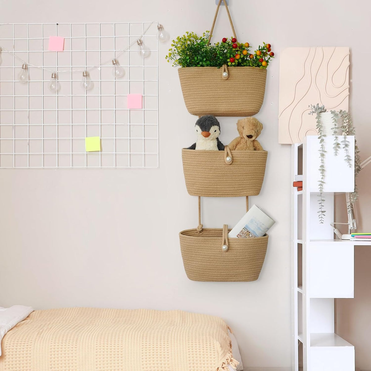 TeoKJ 3-Tier Hanging Baskets for Storage with Pearl Button Strap, Cotton Rope Over the Door Organizer, Wall-Mounted with Hook Decorative Hanging Nursery Baskets, Jute