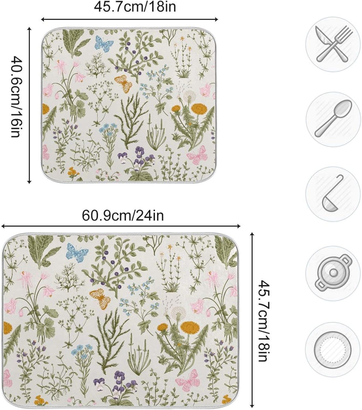 Herbs Flowers Botanical Butterfly Dish Drying Mat for Kitchen Counter Absorbent Microfiber Drying Pad, Large 18x24 in, Reversible Drainer Mats