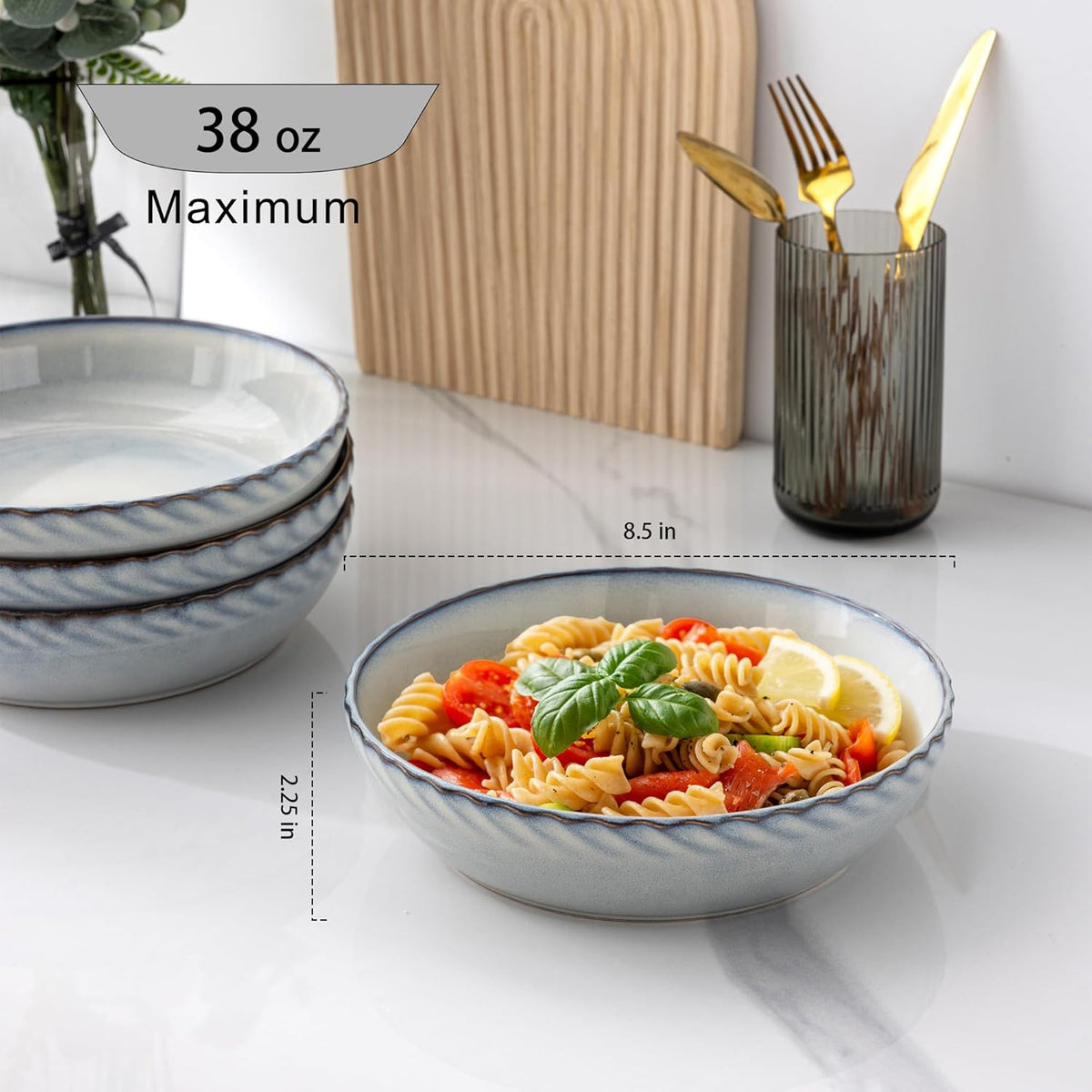 GBHOME 8.5'' Large Pasta Bowls, 38 Ounce Stoneware Salad Bowls for Kitchen, Ceramic Serving Bowls With Textured Pattern for Pasta,Fruit, Stews,Noodle, House-warming Gift,Set of 4