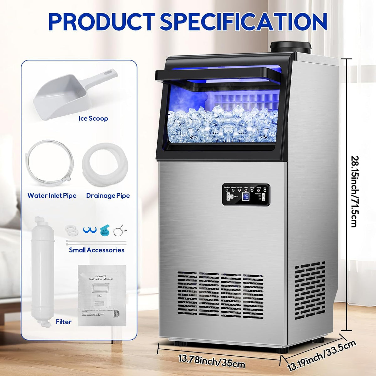 Commercial Ice Maker Machine, 110Lbs/24H, 30Lbs Storage, 36Pcs Clear Ice Cubes in 10-15Mins, Stainless Steel Under Counter or Freestanding Ice Machine - 2 Water Inlet Modes, for Home Party Office