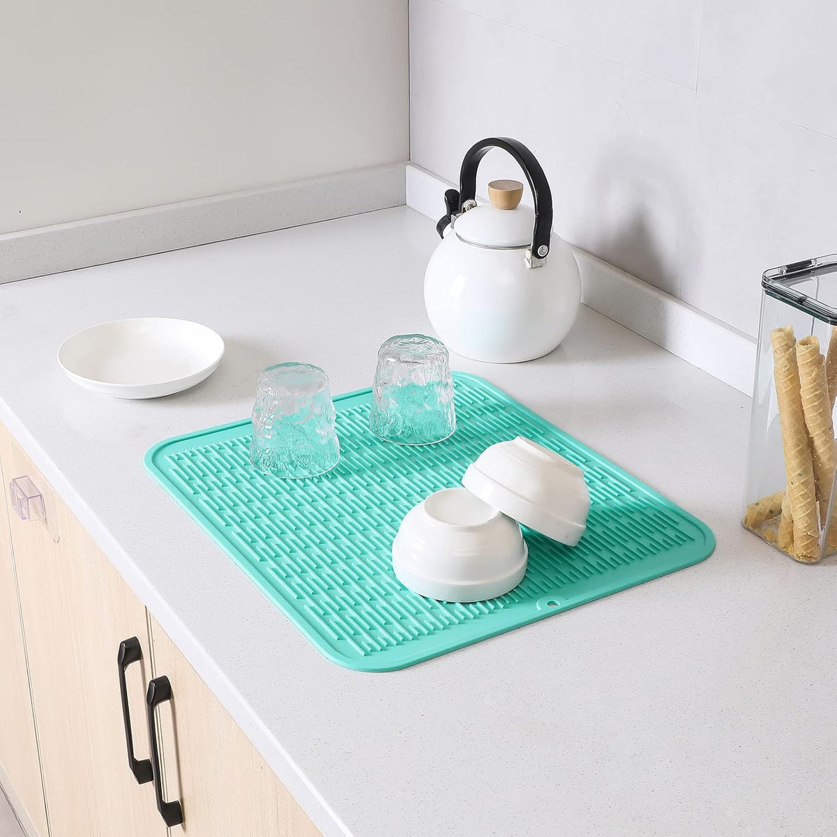 Silicone Dish Drying Mat for Multiple Usage,Easy clean,Eco-friendly,Heat-resistant Silicone Mat for Kitchen Counter or Sink,Refrigerator or Drawer Liner Mint 2XL 24 inches x 18 inches