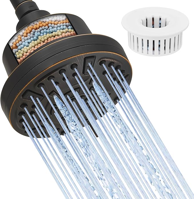 High Pressure Shower Filter Head Oil Rubbed Bronze Fixed Shower Head 7 Settings, 4.9" Bathroom Rain Shower Head with Enhanced Filter for Hard Water, Reduces Chlorine and Harmful Substances