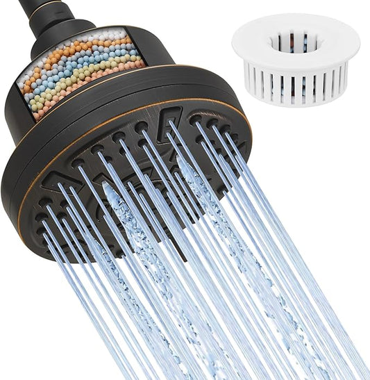 High Pressure Shower Filter Head Oil Rubbed Bronze Fixed Shower Head 7 Settings, 4.9" Bathroom Rain Shower Head with Enhanced Filter for Hard Water, Reduces Chlorine and Harmful Substances