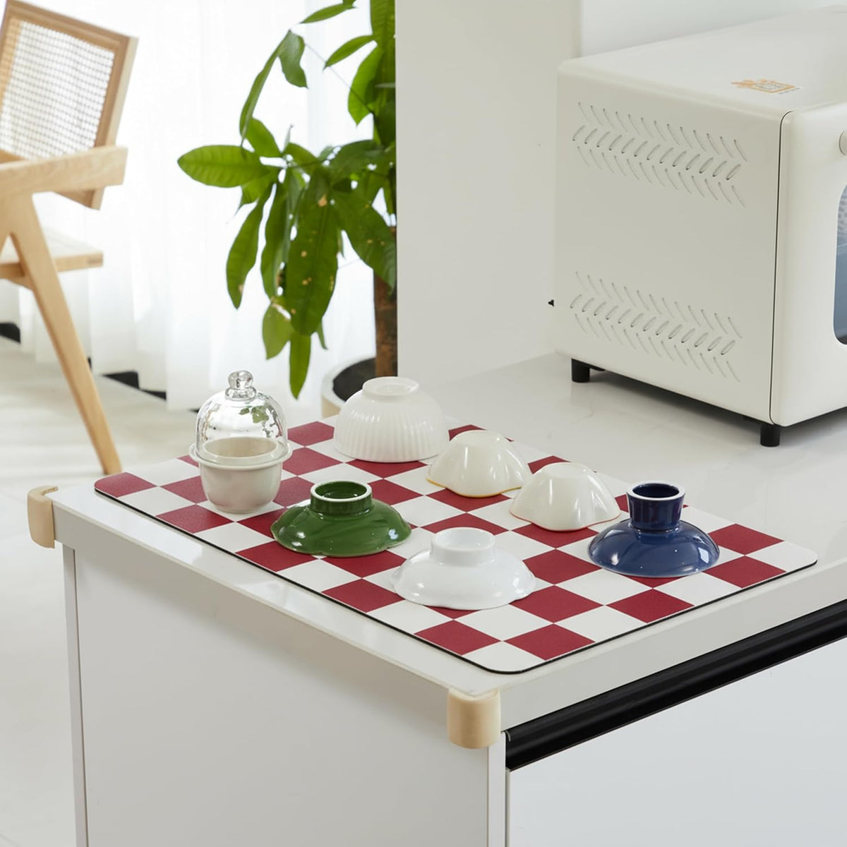 Checkered Dish Drying Mat for Kitchen Counter, Coffee Bar Station Accessories, Retro Cute Aesthetic Modern Absorbent Drainer Mat Kitchen Drying Mat Easy Clean (Red, 24" x 16")