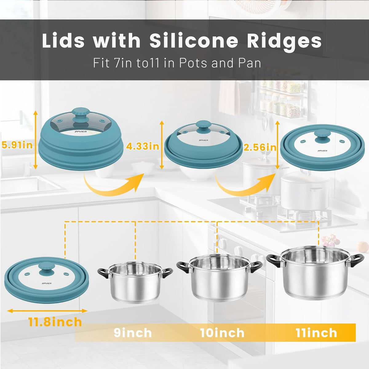Collapsible Microwave Splatter Cover - Vented Silicone & Glass Lid with Easy-Grip Handle, Fits 6 to 11 Inch Plates & Bowls, 11.8 Inch Diameter, Prevents Splatters & Ensures Even Heating