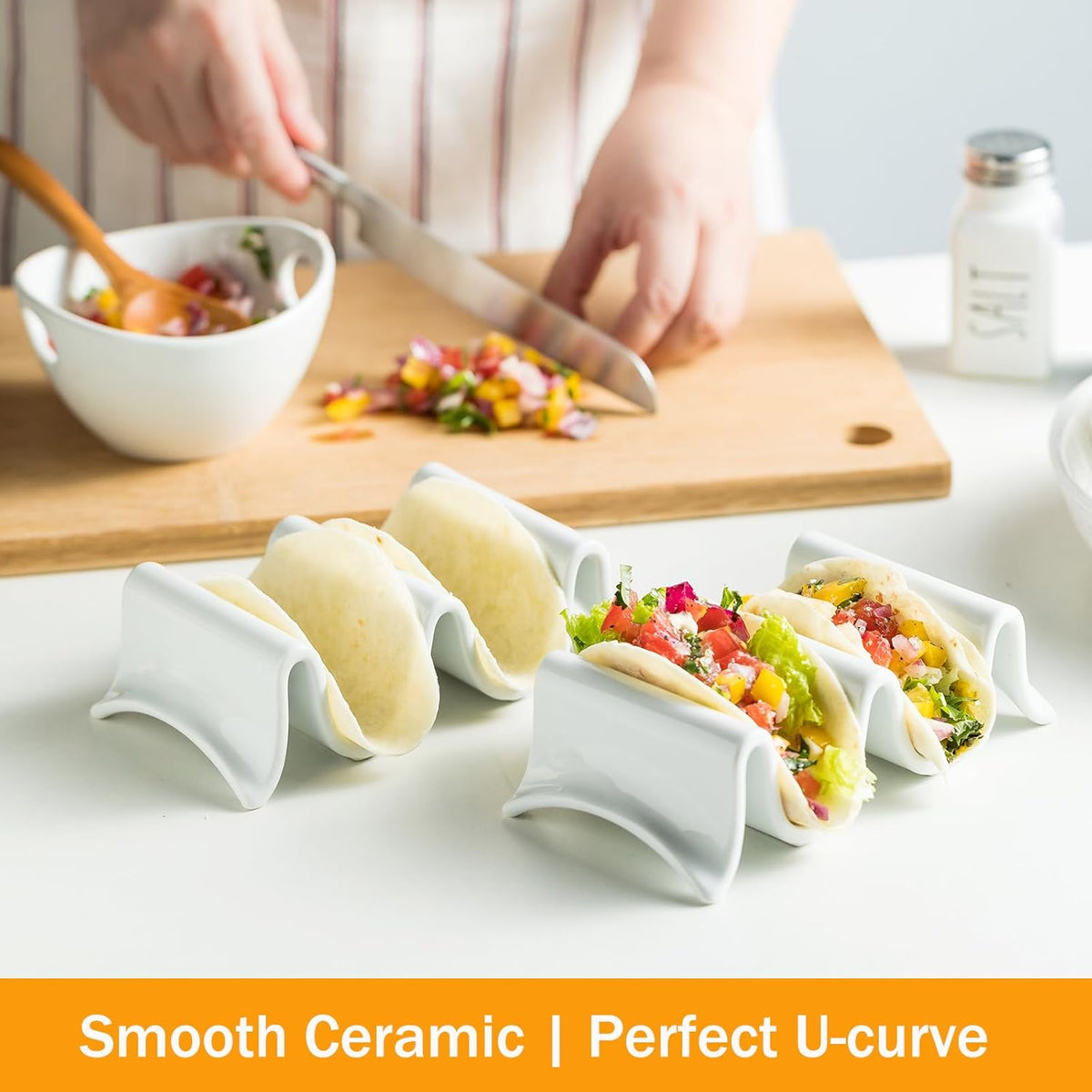 Taco Holder, Porcelain Taco Tray with Handles, Perfect for Keeping Tacos in Place, Serving Dish for Entertraining, Taco Shell Holds 4 Taco, Set of 2