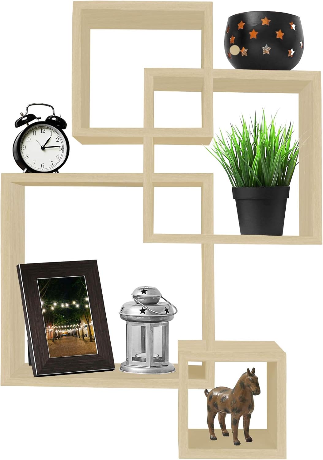 Greenco 4 Cube Intersecting Shelves, Easy-to-Assemble Floating Wall Mount Shelves for Bedrooms and Living Rooms, Natural Finish
