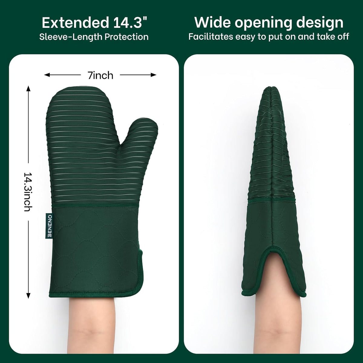 Beneno Kitchen Oven Mitts 2-Pack Heat Resistant to 500°F with Non-Slip Silicone Grip, Extra Long 14.3" Forearm Protection, Soft Quilted Cotton Terry Lining, Ideal for Cooking, Baking, Grilling, Green