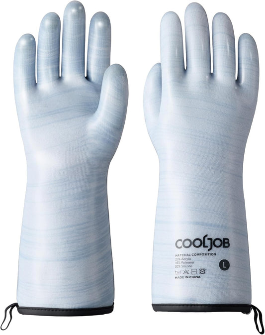 COOLJOB Heat Resistant Oven Gloves, Waterproof Liquid Silicone BBQ Grilling Gloves for Barbecue, Kitchen Cleaning, Baking, Blue, Large