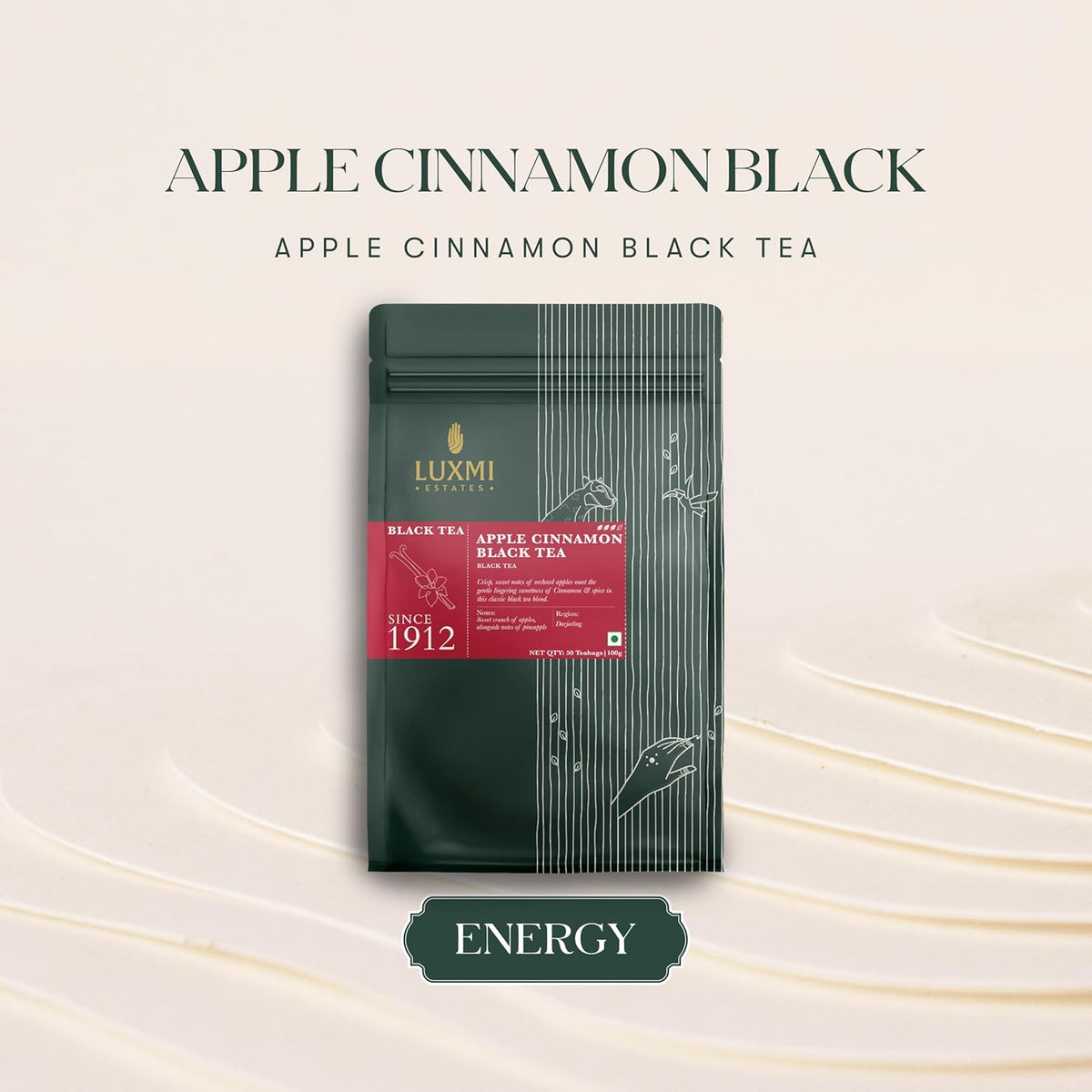 Luxmi estates Apple Cinnamon Black Tea 50 Tea Bags (100g) Pack | USDA Certified Premium Black Tea | Anti-Oxidants, Immunity Booster | 50 Cups Bulk Pack