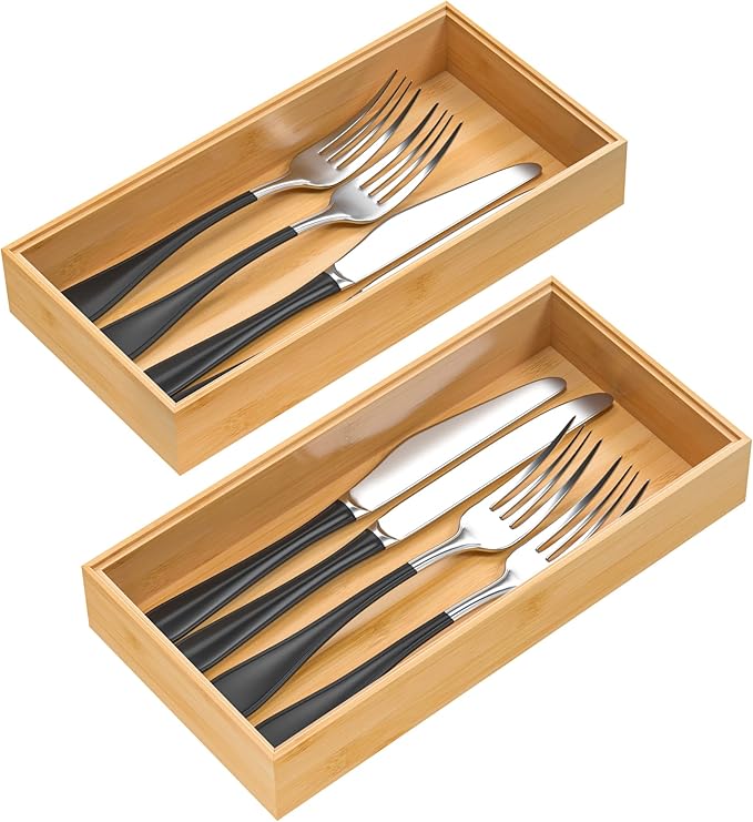 Silverware Tray for Drawer, Stackable Kitchen Bamboo Drawer Organizer 12" x 6" x 2" Set of 2