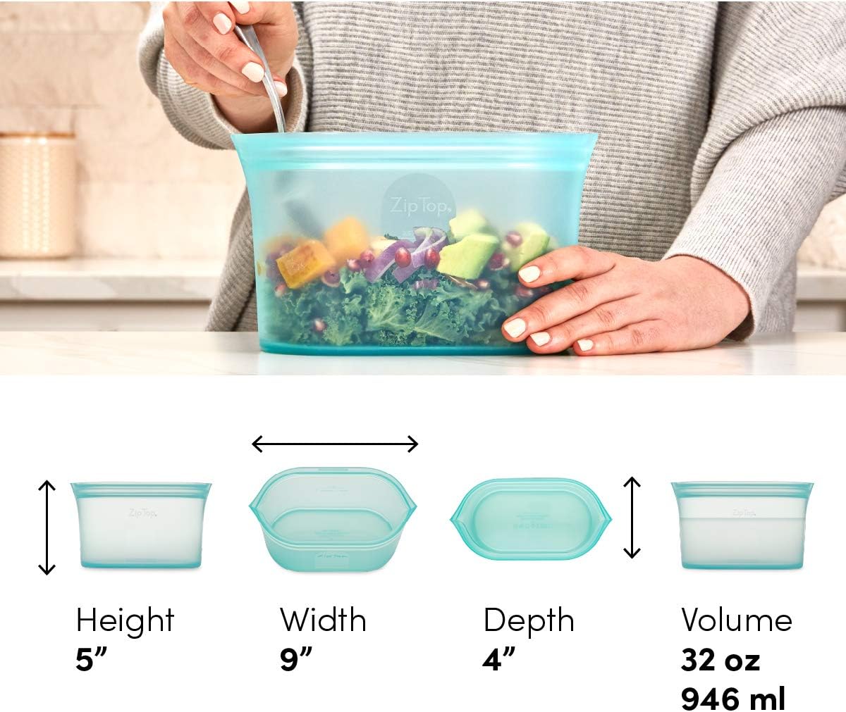Zip Top Reusable Food Storage Bags | Large Dish [Frost] | Silicone Meal Prep Container | Microwave, Dishwasher and Freezer Safe | Made in the USA