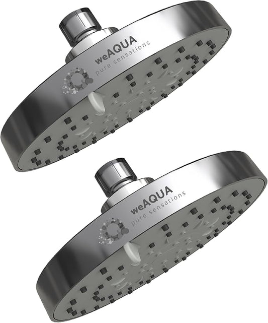 WeAQUA Shower Head High Pressure 2 PACK – 4.5 Inch, 5 Spray Settings, 72 Anti-Clog Nozzles, Easy 1-Min Installation, Fixed Shower Heads for Powerful Bathroom Upgrade (STD-SHWR-HD02)