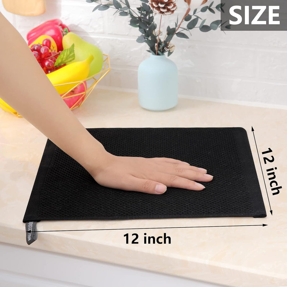 Homaxy 100% Cotton Waffle Weave Kitchen Dish Cloths, Ultra Soft Absorbent Quick Drying Dish Towels, 12 x 12 Inches, 12-Pack, Black