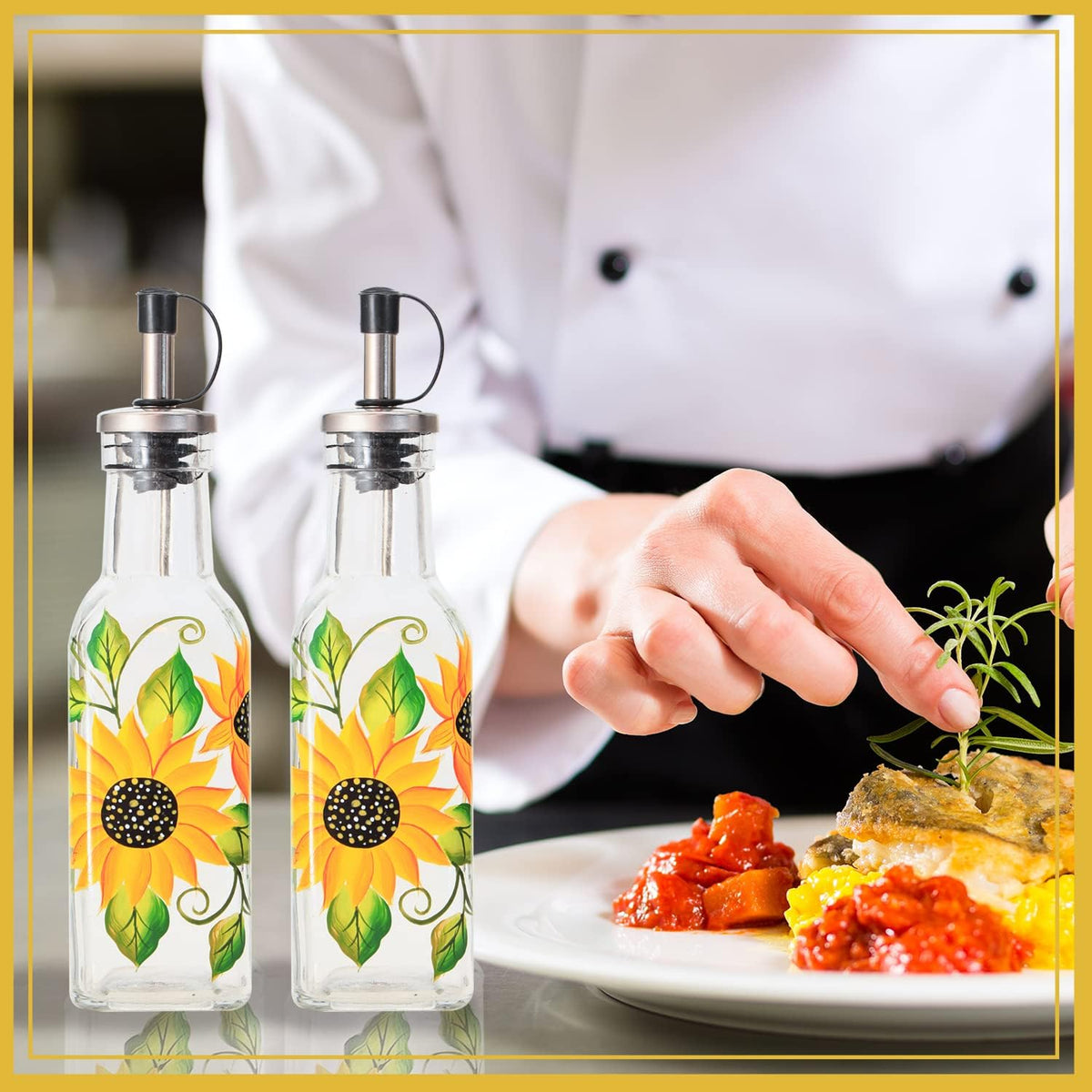 7oz Hand Painted Glass Olive Oil Bottle Dispenser - 200ml Green Oil & Vinegar Cruet with Pourers - Olive Oil Carafe Decanter for Kitchen (Sunflower)