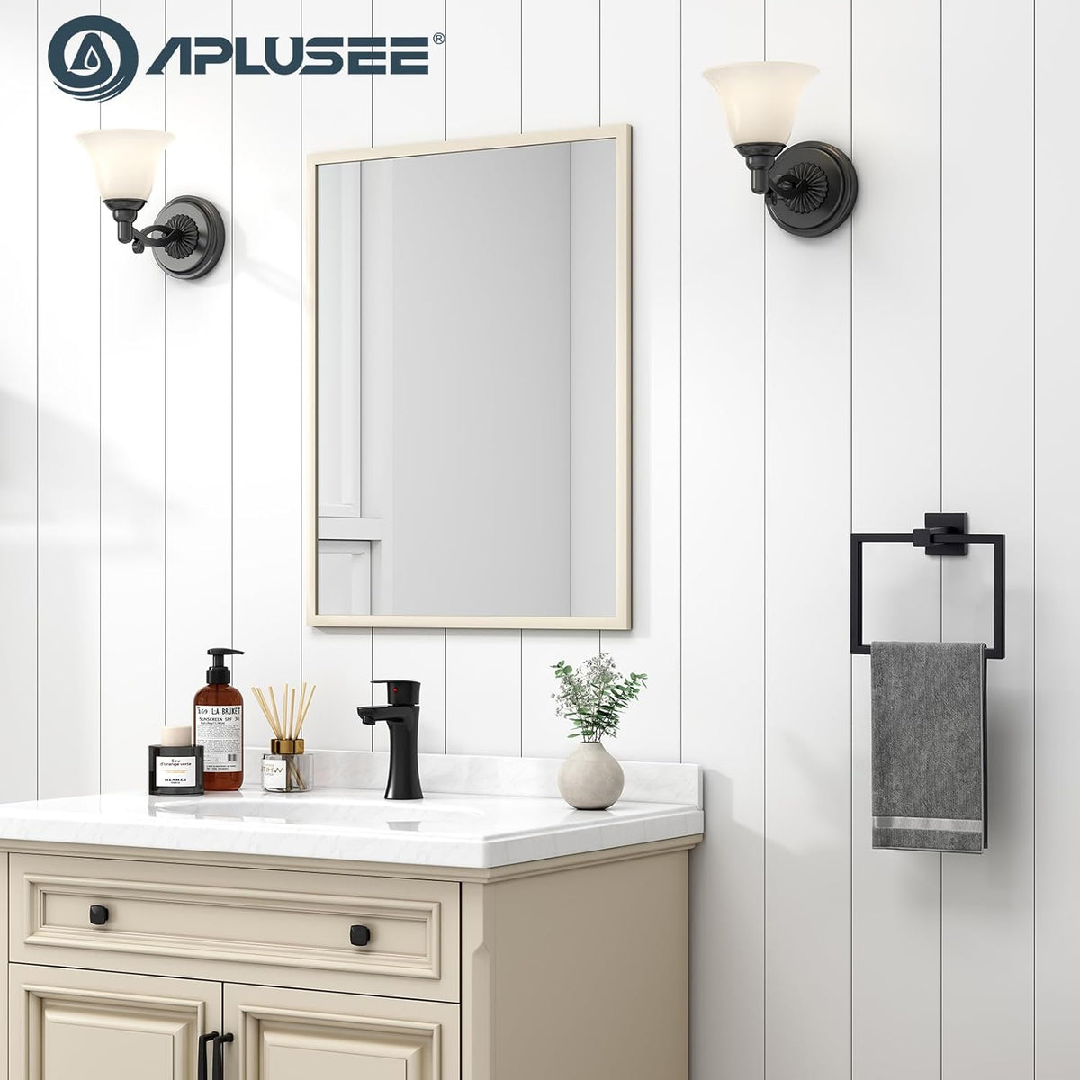 APLusee Swivel Towel Ring Matte Black, 304 Stainless Steel Square Hand Towel Holder for Bathroom Wall Mounted