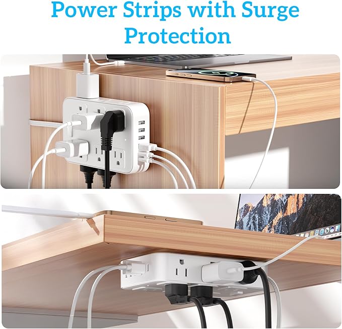 Flat Plug Power Strip Surge Protector with 12 AC Outlets 6 USB Ports 3 Side Multi Plug Outlet Extender 5 Ft Extension Cord for Home Office Kitchen Dorm Wall Desk Charging Station ETL Listed