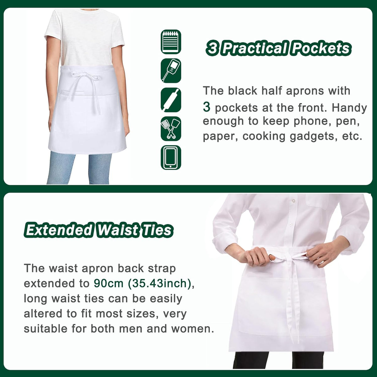 4 Pack Short Server Waitress Chef Apron, White Waist Aprons with 3 Pockets for Women Men, Half Apron for Waiter Cooking Dishwashing Cleaning Painting Gardening Barbecue (Polycotton - White)