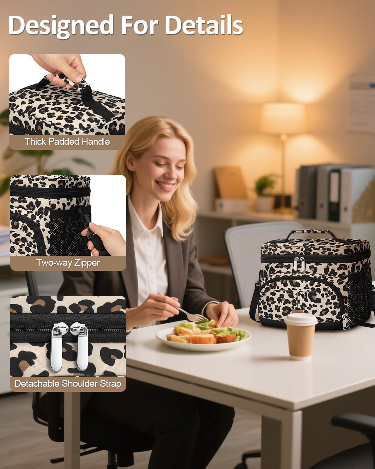 Lunch Box for Man Women, Insulated Lunch Bag Cooler Bag Leakproof Lunchbox Lunch Tote Bags with Removable Strap for Work School Picnic Travel (Leopard/12L