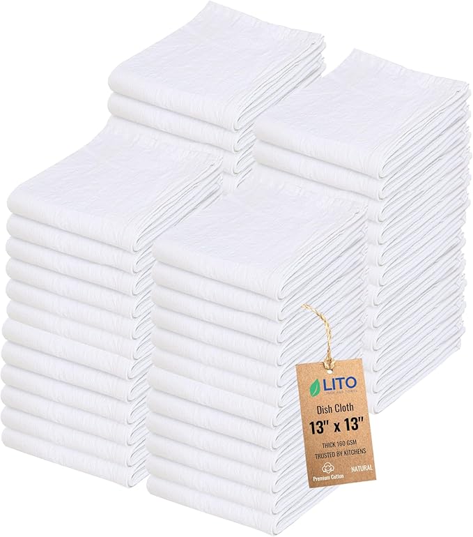 Dish Cloths Cotton| Kitchen Wash Cloth | Shop Towels Absorbent and Lint Free Flour Sack| Dishcloths for Kitchen Washing Dishes| Thick Absorbent Quick Dry Dish Rags | 50 Pack 13"x13" Natural