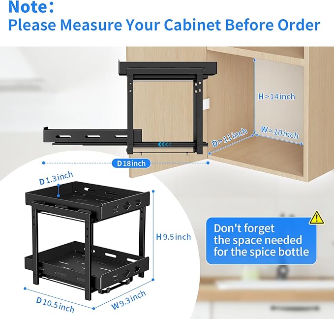 Pull Out Spice Racks for Inside Cabinets, 2-Tier Cabinet Spice Rack, Height Adjustable Spice Rack Organizer for Cabinet, Kitchen Vertical Spice Rack (9.7''Wx10.8''Dx9.2''H, Metal Black)