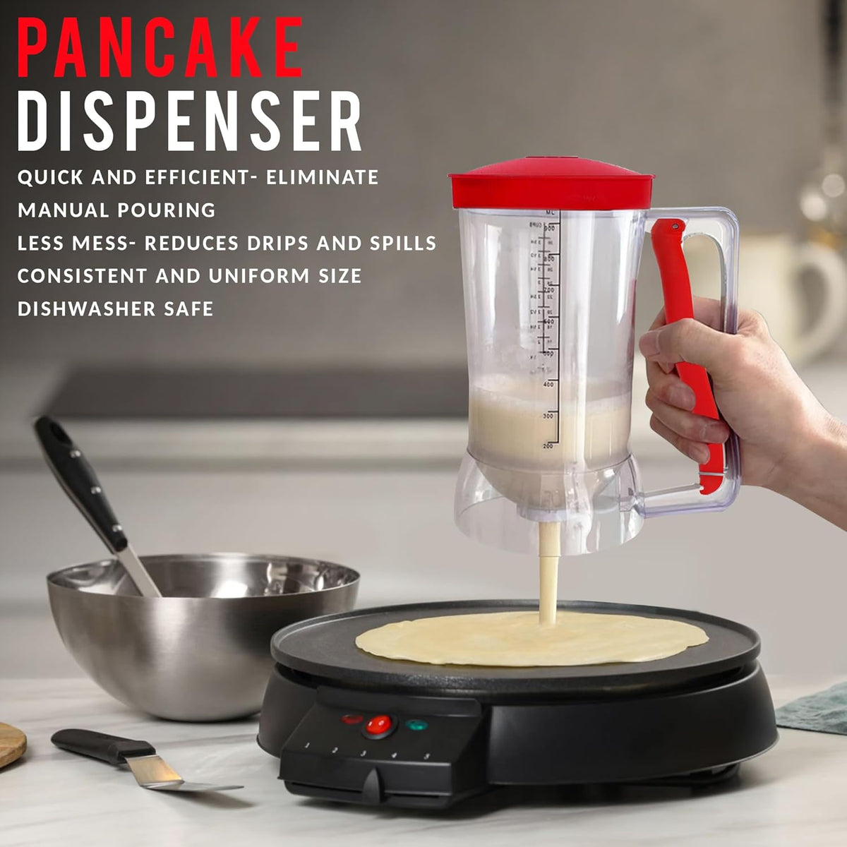 Eggssentials Griddle Breakfast Kit Compatible with Blackstone Griddle, Pancake Batter Dispenser, Bacon Press, 4 Egg Rings & Stainless Steel Spatula - Best for Indoor-Outdoor Cooking.