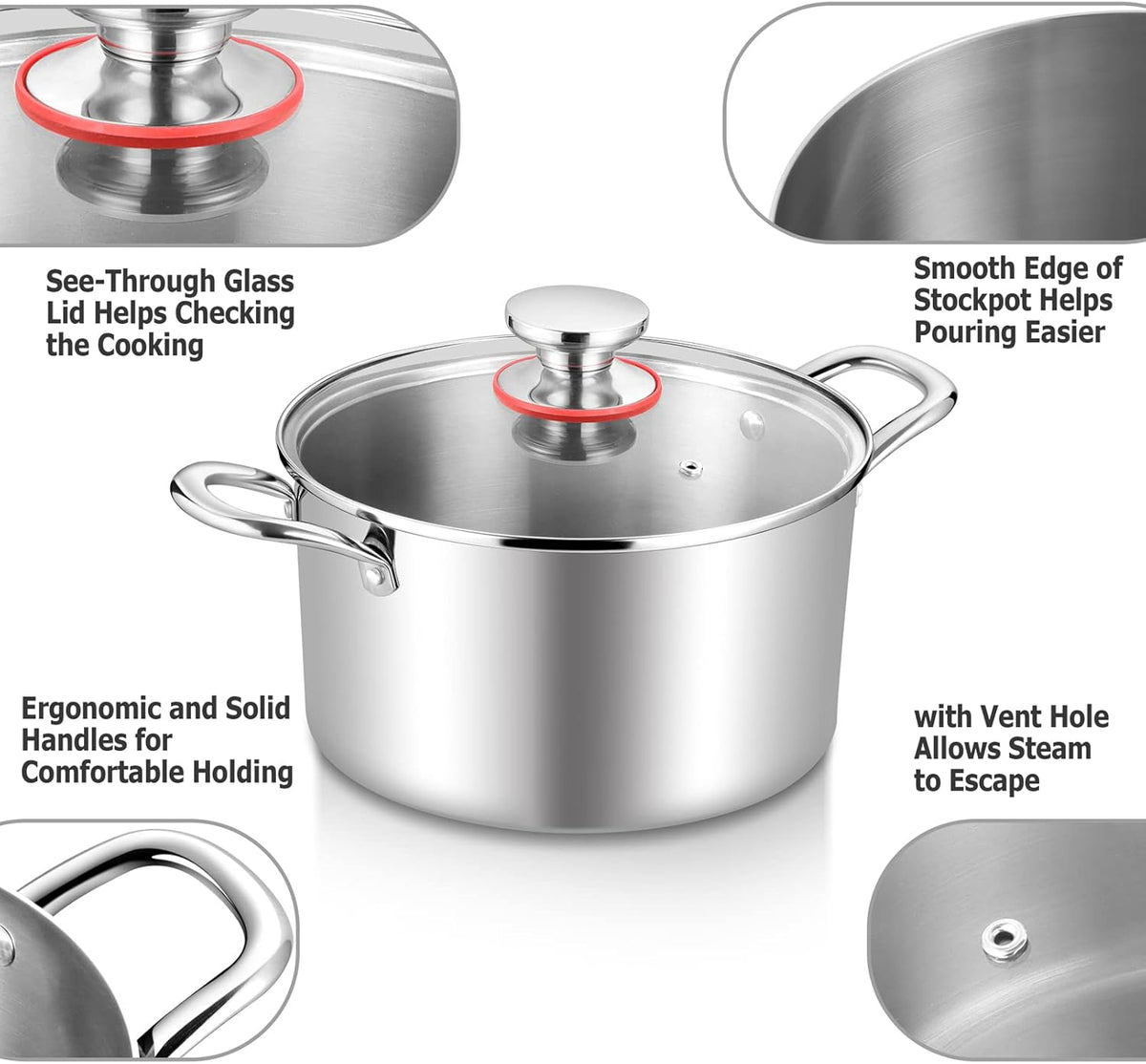 TeamFar 6 Quart Stock Pot, Stainless Steel Tri-Ply Cooking Pasta Pot with Tempered Glass Lid for Induction/Electric/Gas/Ceramic, Healthy & Sturdy, Double Riveted Handles & Dishwasher Safe