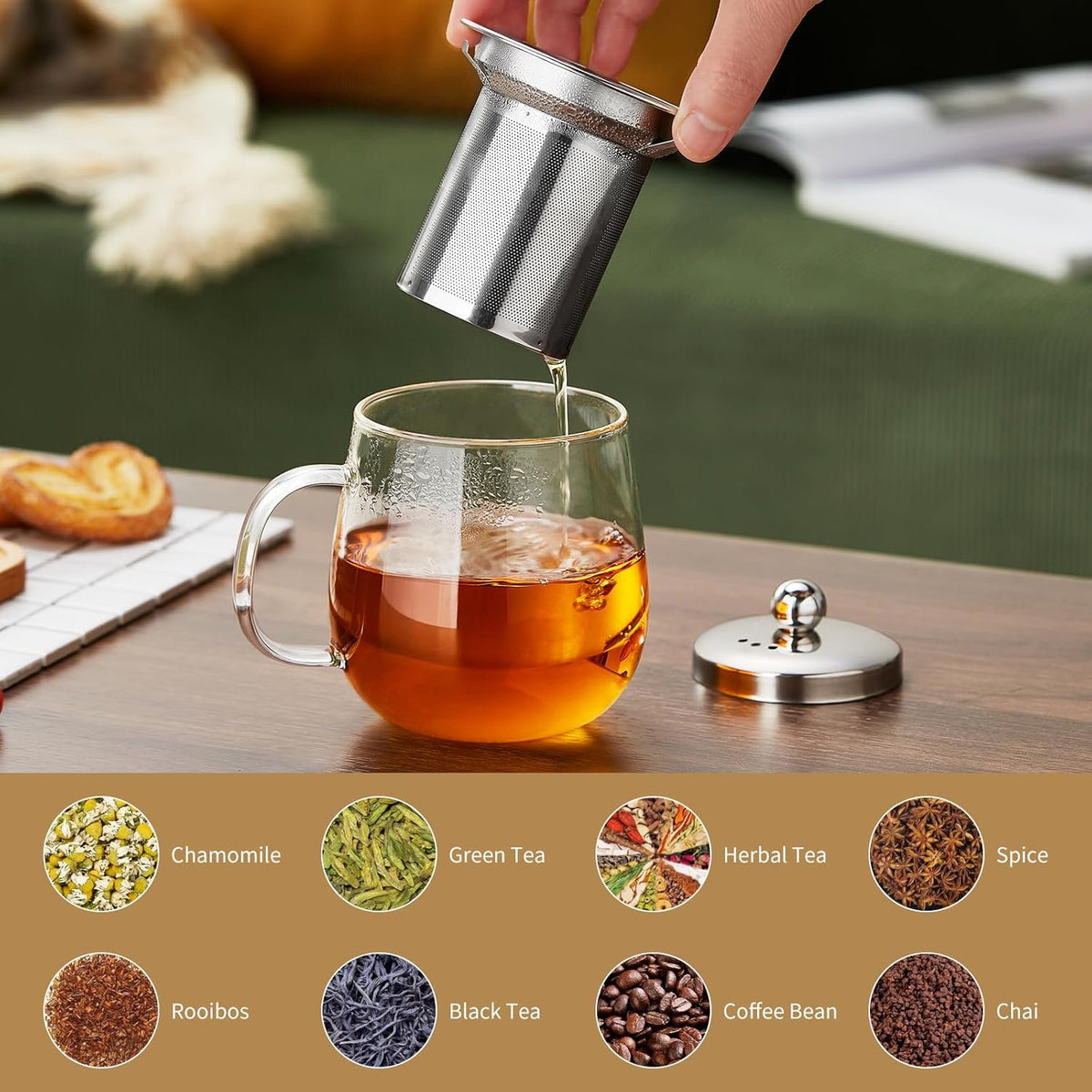 Glass Tea Cup with Infuser and Lid, 14.5oz/450ml Large Borosilicate Glass Teacup with Stailess Steel Filter, Clear Mug for Loose Leaf Blooming Tea, Dishwasher Safe - Tea Maker Gift
