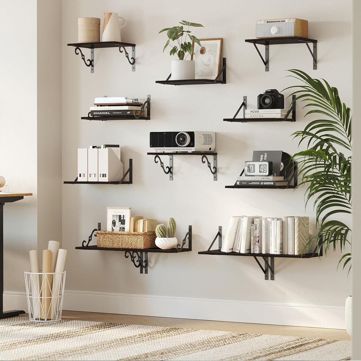 DINZI LVJ Deep Floating Shelves, 16" W x 12" D Wall Shelves Set of 2, Wide Display Shelf Wall Mounted with Brackets, Easy-to-Install Wall Bookshelf for Living Room, Bathroom, Bedroom, Espresso