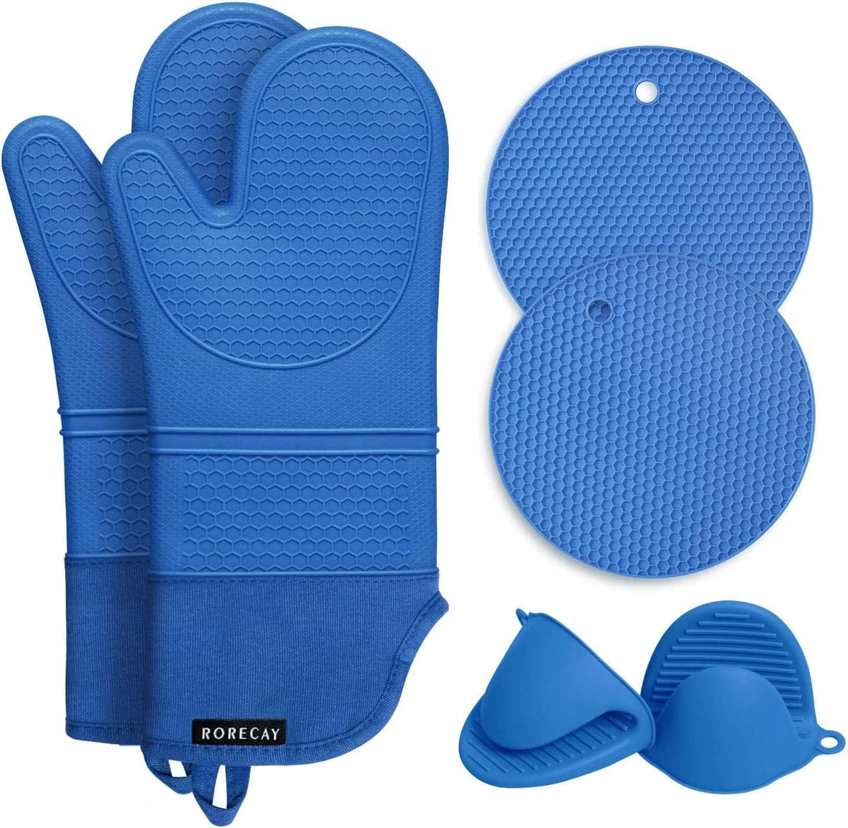 Rorecay Extra Long Oven Mitts and Pot Holders Sets: Heat Resistant Silicone Oven Mittens with Mini Oven Gloves Hot Pads Potholders for Kitchen Baking Cooking, Quilted Liner, Pack of 6 (Lake Blue)
