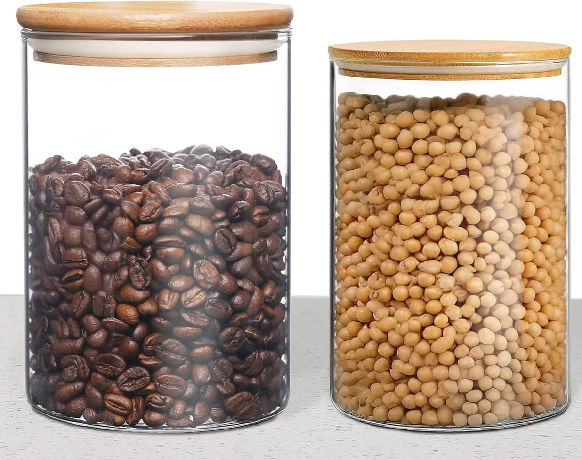 33 oz Glass Food Storage Jars with Airtight Lids, Clear Glass Jar with Bamboo Lid, Airtight Food Canister for Tea, Candy, Coffee, Sugar, Cookie, Snack. (Round | 5+6 Inch)
