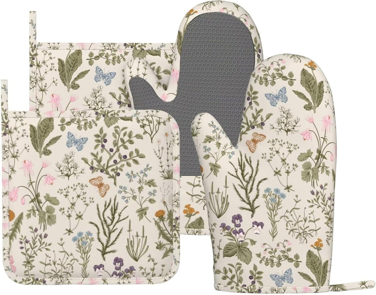 Vintage Wildflower Herbs Floral Rustic Butterfly Oven Mitts and Pot Holders Sets Silicone Kitchen Mitts Potholders Heat Resistant 4Pcs Oven Gloves Hot Pads for Kitchen Baking Cooking