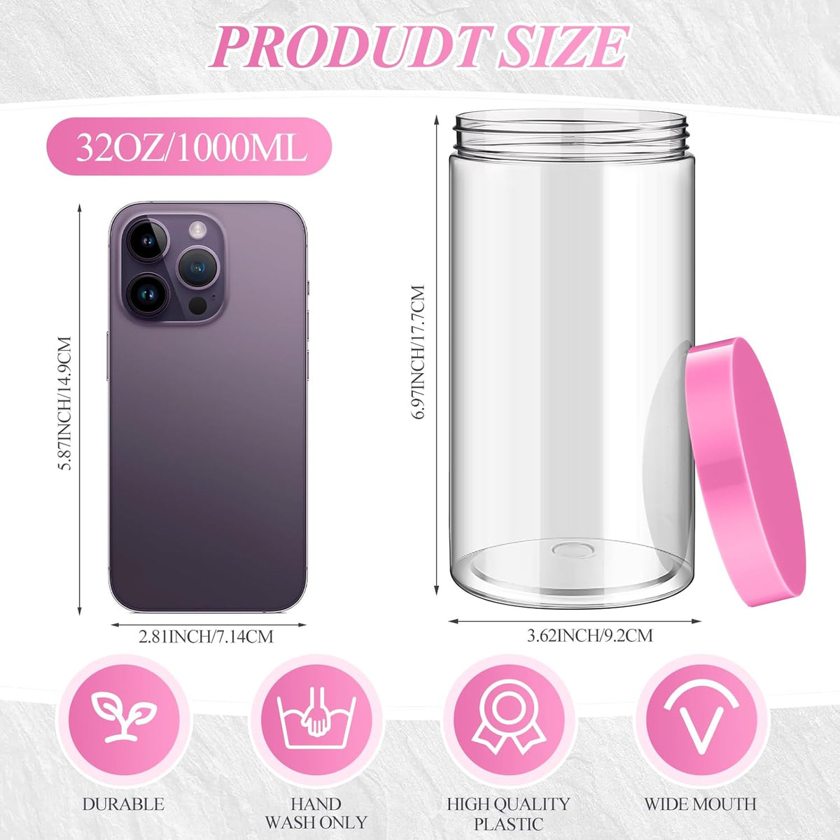 Patelai 4 Pieces Round Wide-mouth Leak Proof Plastic Container Jars with Lids for Travel Storage Makeup Beauty Products Face Creams Oils Salves Ointments DIY Making(32 Ounce,Pink)
