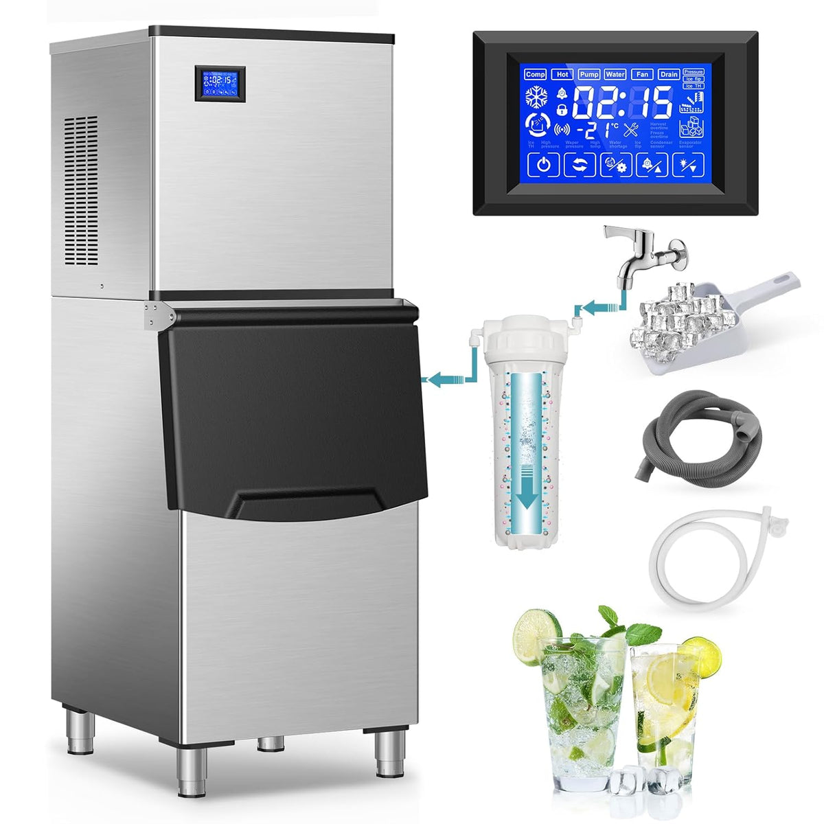 Commercial Ice Maker Machine 430Lbs/24H, Industrial Ice Machine 350 Lbs Storage Bin, 156PCS Clear Ice Cubes in 11 Mins, Freestanding Stainless Steel Ice Maker for Restaurants/Bar/Large Families