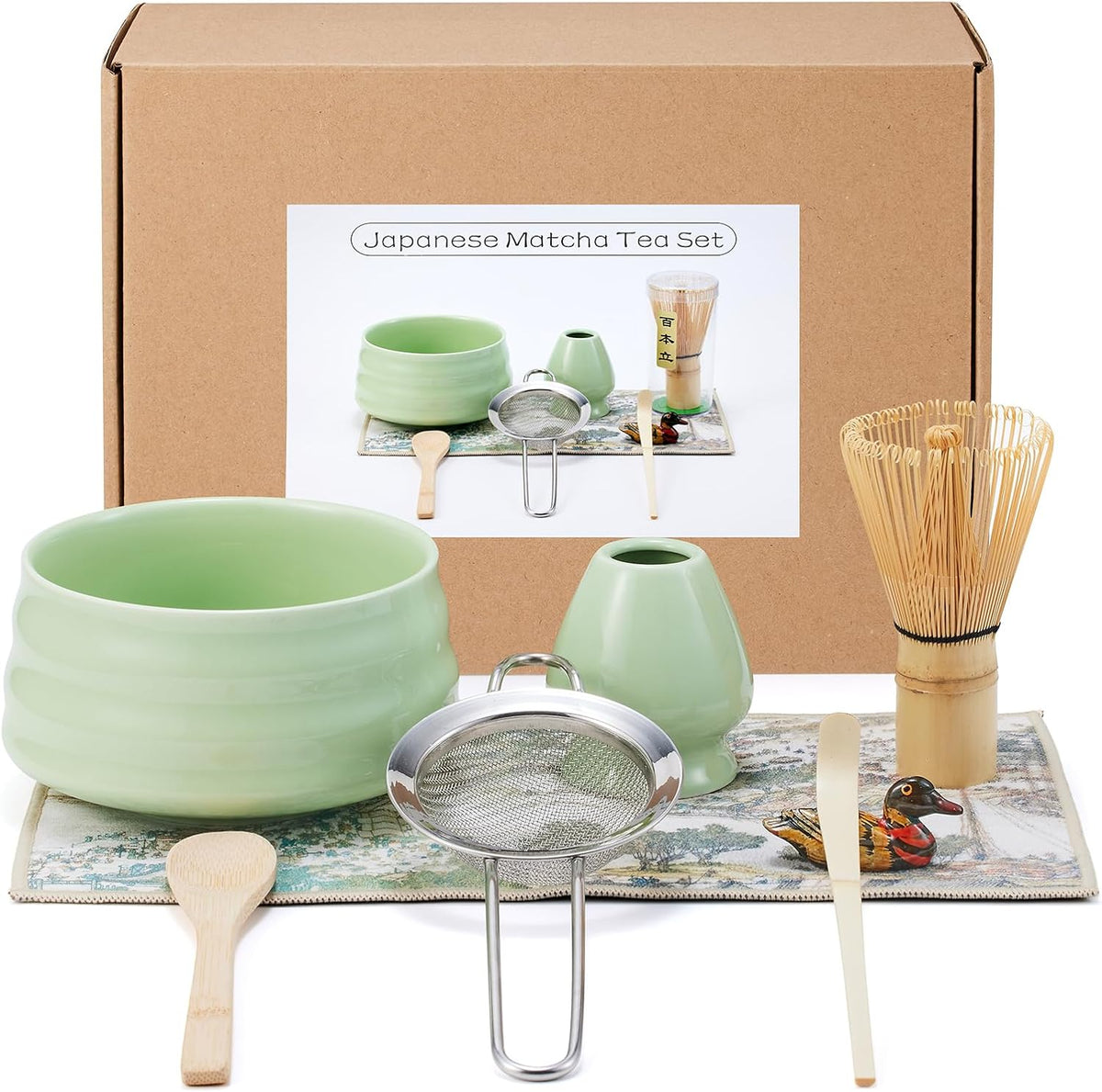 Japanese matcha set, matcha whisk and bowl, matcha sieve, matcha whisk holder, and matcha spoon - 8pcs Matcha Set (green)