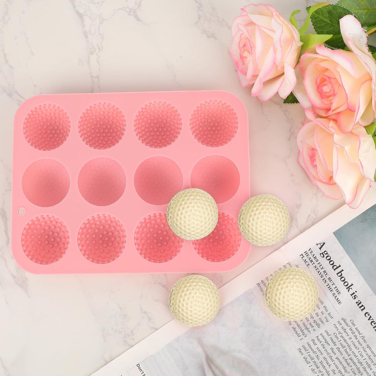 Silicone Golf Ball Chocolate Mold, 12 Cavity Golf Ball Cake Pop Mold for Cake Decorations Hot Chocolate Bombs Candy Fondant and More (Pink)