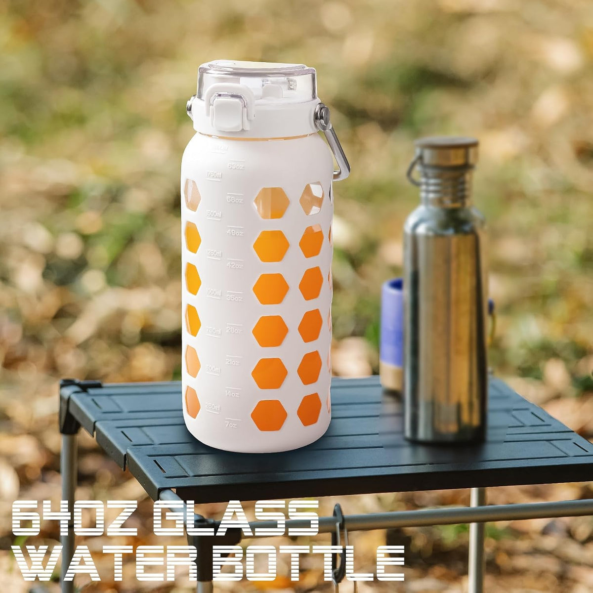 MUKOKO 64oz Glass Water Bottles with Straw and Lid,Half Gallon Water Bottle with Time Marker,Large Glass Water Jug with Silicone Sleeve and Stainless Steel Handle-White