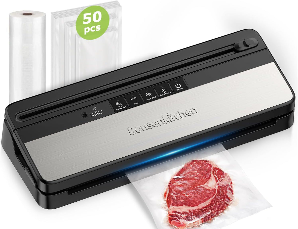 Bonsenkitchen Vacuum Sealer Machine, Multi-Functional Food Sealer with 50 Vacuum Bags & 1 Roll for Food Storage, Built-in Cutter, Black