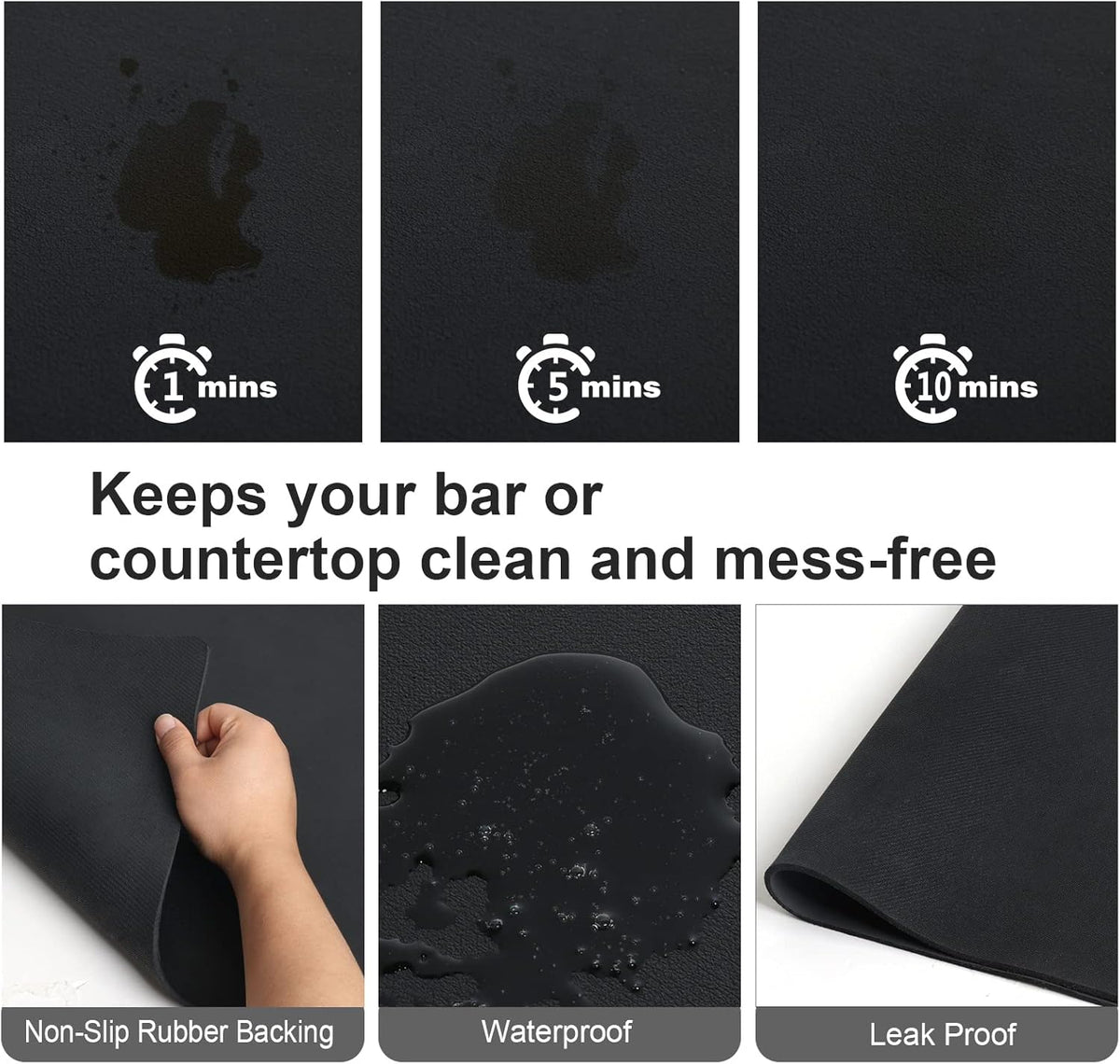 ZLR Coffee Mat - 16" x 20" Large Kitchen Hide Stain Absorbent Dish Drying Mat for Countertop - Easy to Clean Coffee Bar Mat for Espresso Machine and Spill Protection - Black